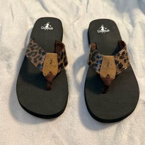 Corkys Leopard Print Thong Sandals - Black & Brown Size 11